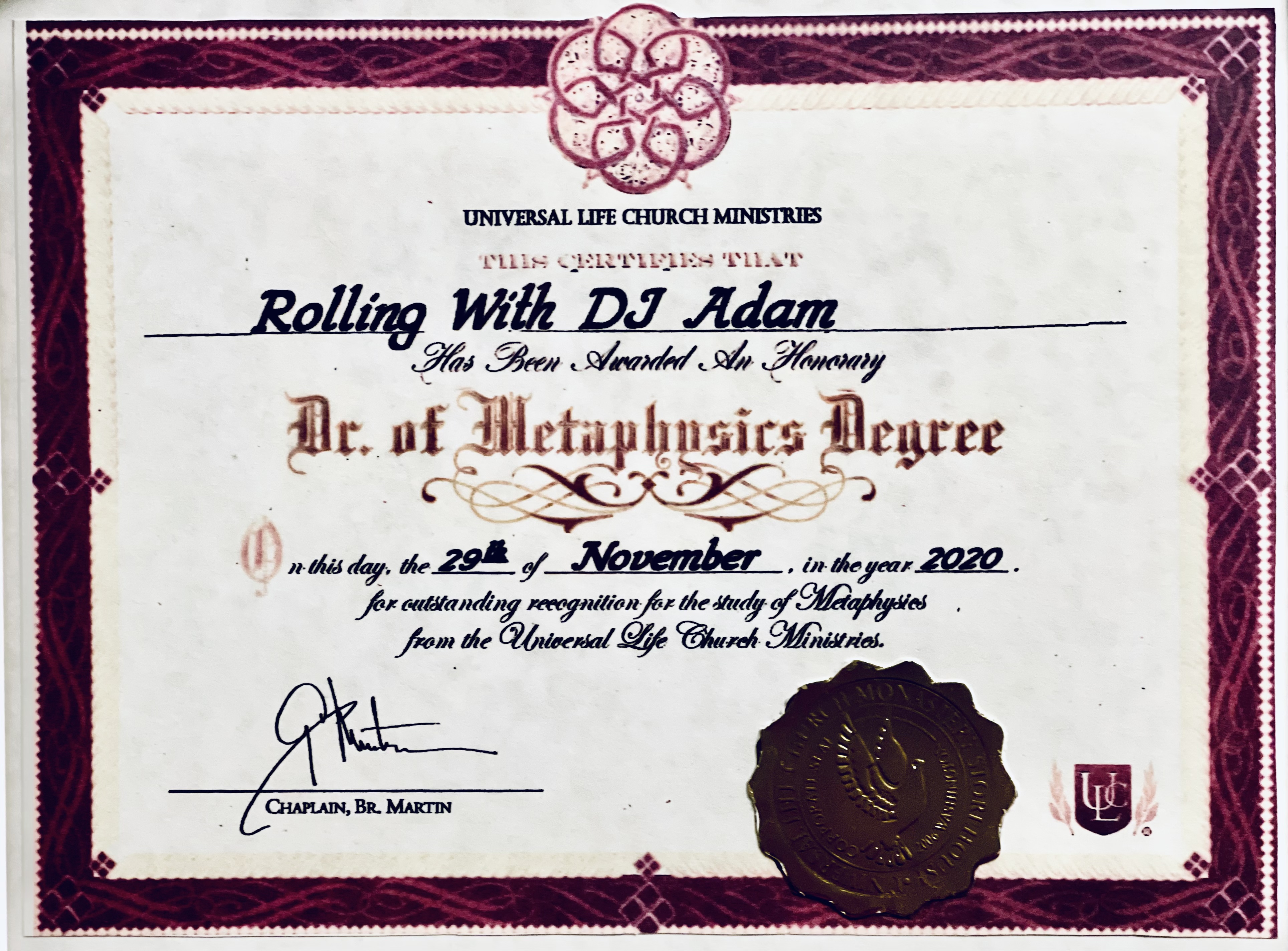 Metaphosics Degree Certificate