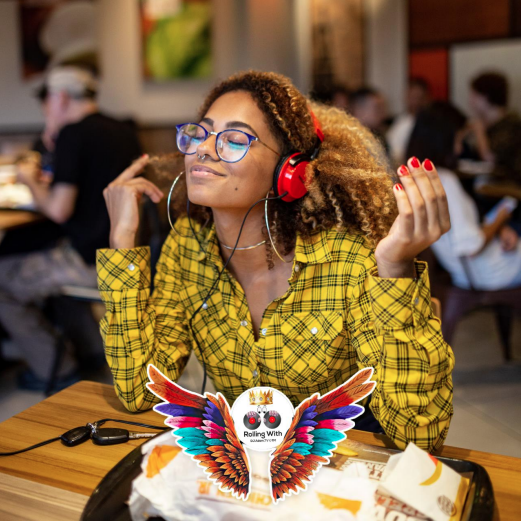 Girl in Fast Food Chain Listening to Music